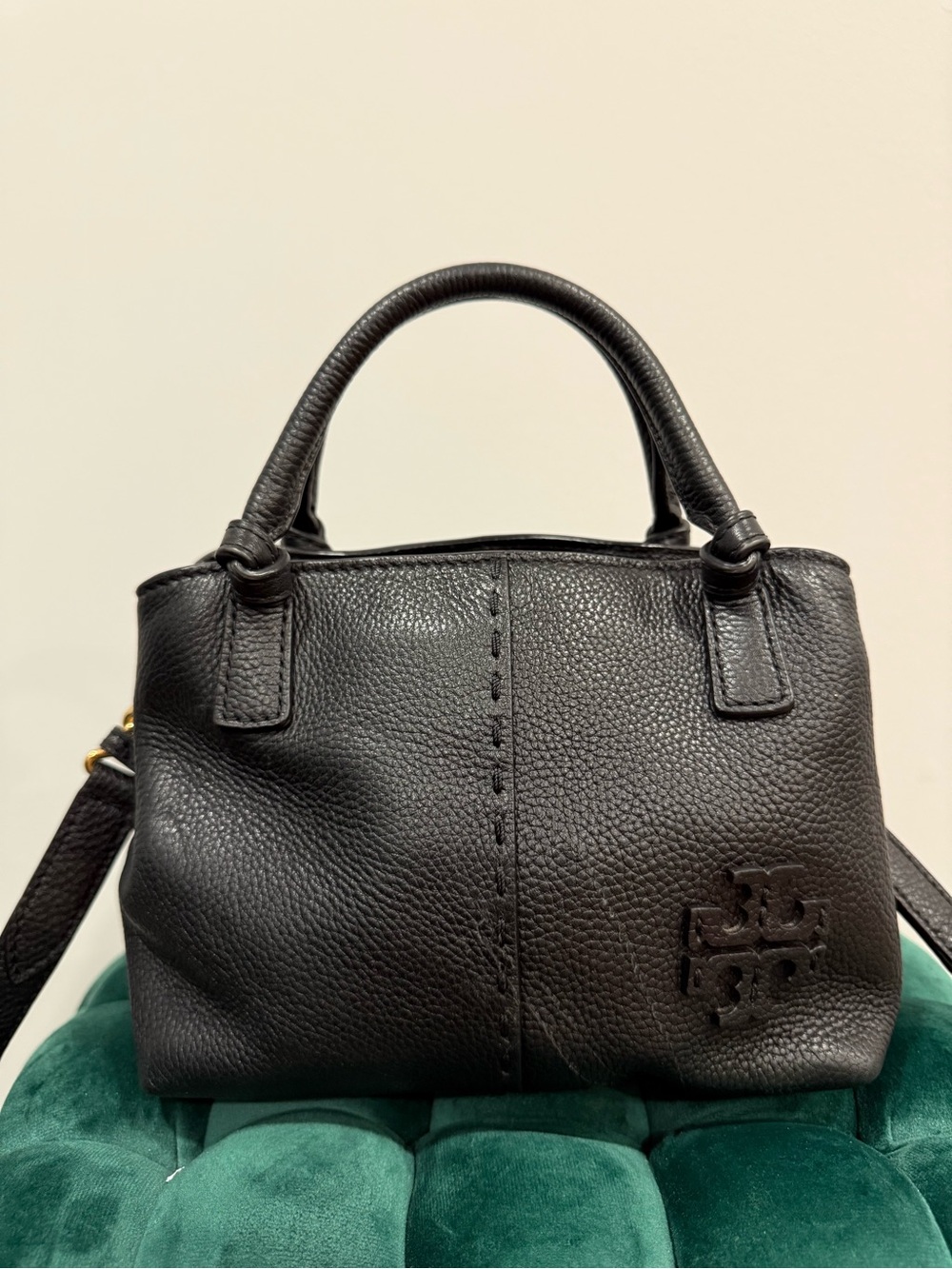 Tory Burch Black Pebbled Leather Top-Handle Satchel with Logo
